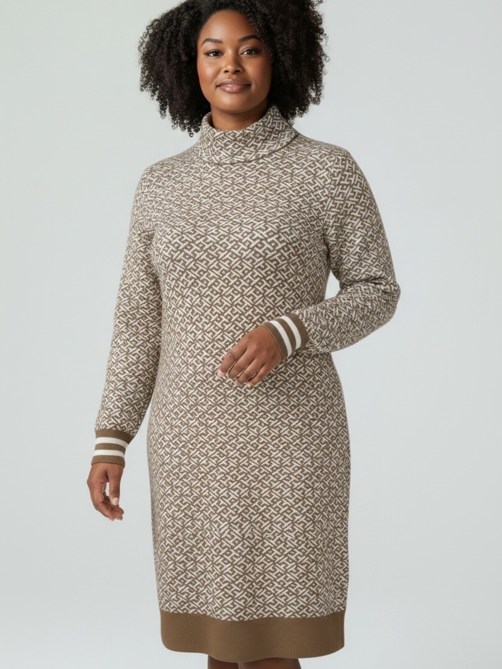 Tommy Hilfiger Taupe & Cream Monogram Turtleneck Sweater Dress